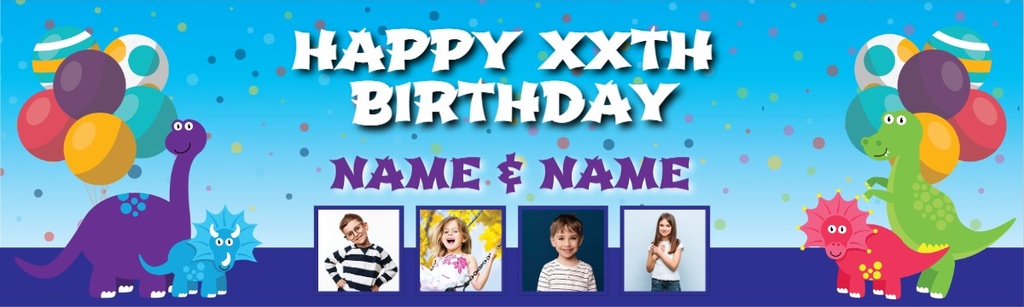 Personalised Happy Birthday Banner - Dinosaur Party Twins - Custom Name & 4 Photo Upload