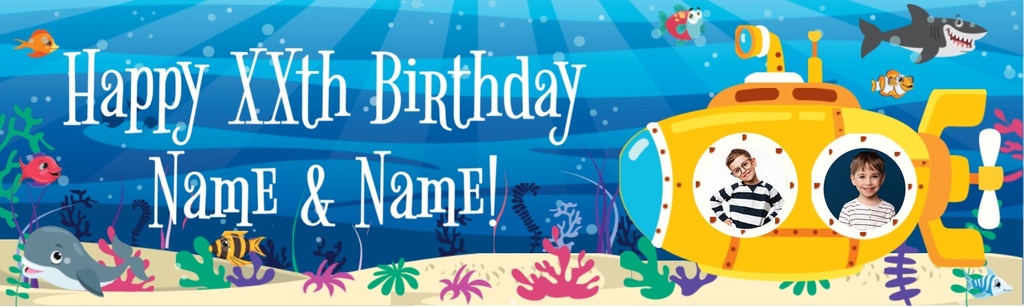 Personalised Happy Birthday Banner - Yellow Submarine Twins - Custom Name & 2 Photo Upload