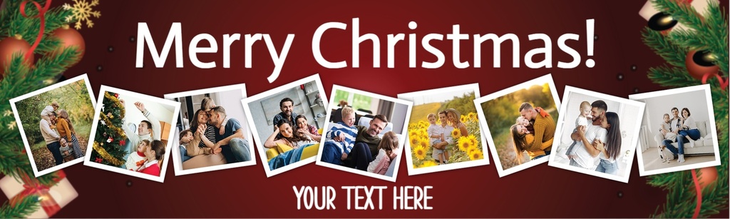Personalised Merry Christmas Banner - Christmas Stocking Red & Green - Custom Text & 9 Photo Upload