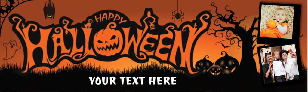 Personalised Happy Halloween Party Banner - Spooky Pumpkin - Custom Text & 2 Photo Upload