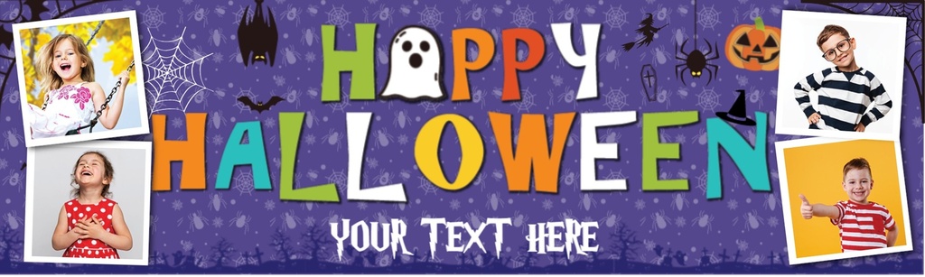 Personalised Happy Halloween Party Banner - Ghosts & Ghouls - Custom Text & 4 Photo Upload