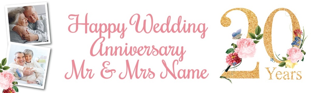 Personalised 20th Wedding Anniversary Banner - Floral Design - Custom Text & 2 Photo Upload