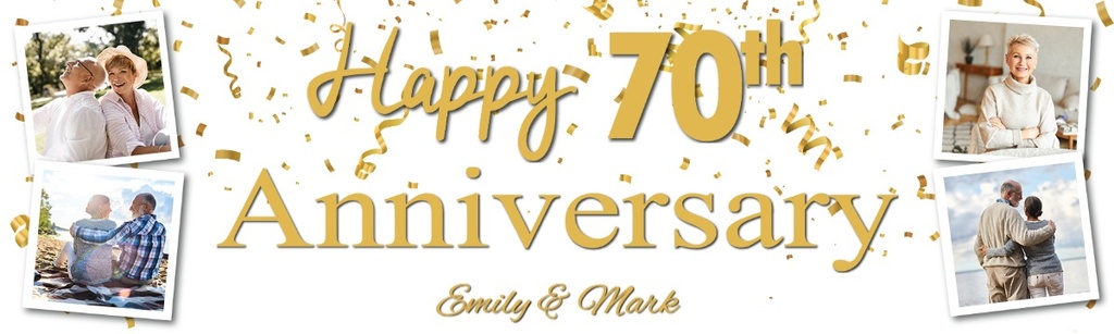 Personalised 70th Wedding Anniversary Banner - Gold Design - Custom Name & 4 Photo Upload