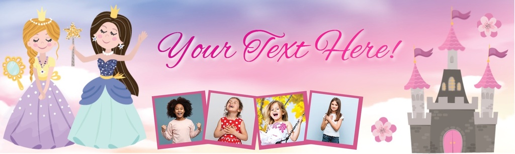 Personalised Birthday Banner - Princess & Castle - Custom Text & 4 Photo Upload