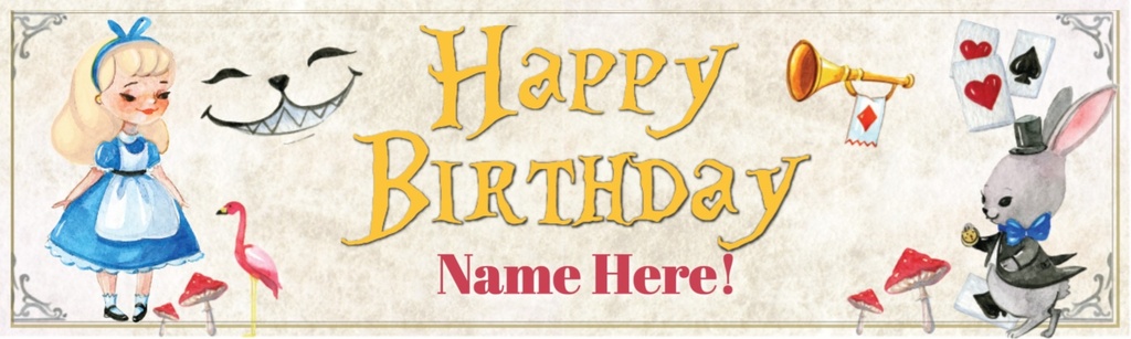 Personalised Happy Birthday Banner - Rabbit Cat Alice In Wonderland - Custom Name