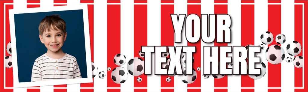 Personalised Birthday Banner - Football Red & White Stripes - Custom Text & 1 Photo Upload