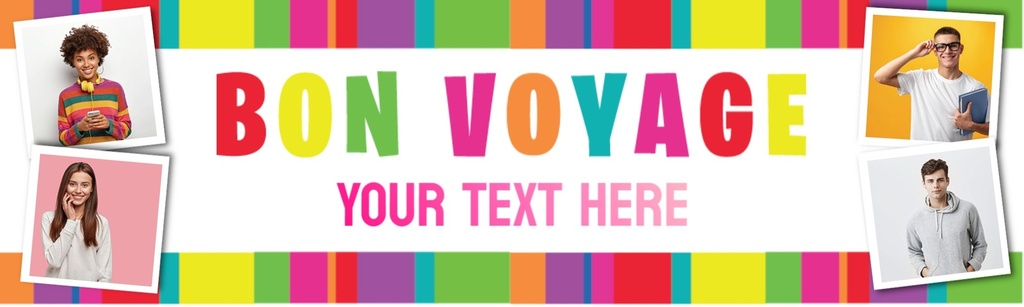 Personalised Bon Voyage Banner - Rainbow Stripe - Custom Name & 4 Photo Upload