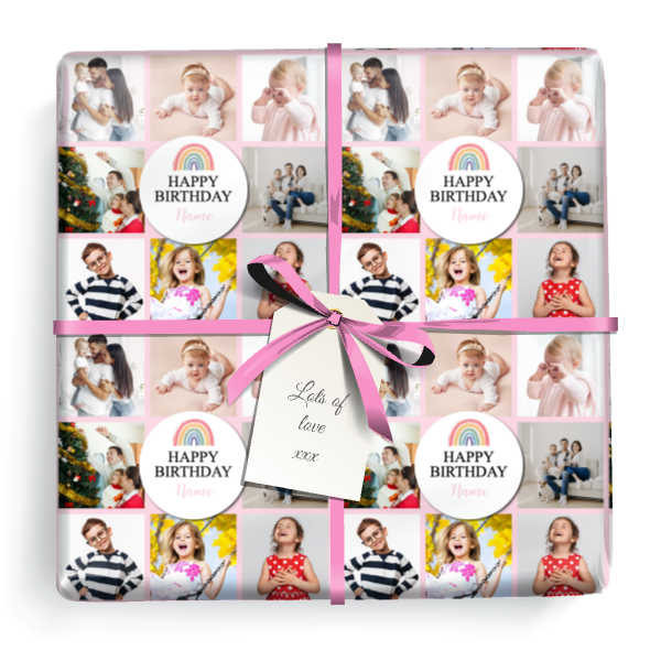 Personalised Birthday Wrapping Paper - Pink Rainbow - 8 Photos & Name