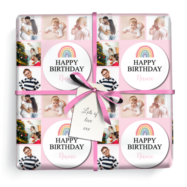 Personalised Birthday Wrapping Paper - Pink Rainbow - 5 Photos & Name