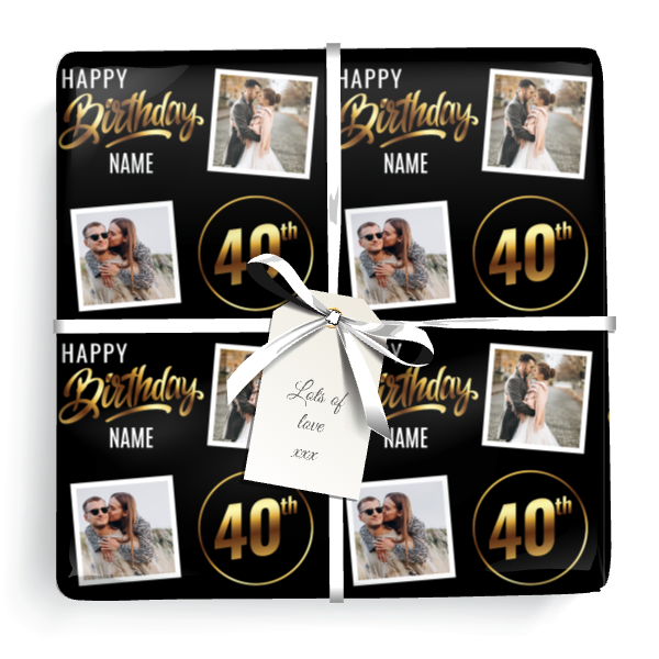 Personalised 40th Birthday Wrapping Paper - Black & Gold - Upload 2 Photos & Name