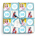 Personalised Birthday Wrapping Paper - Blue Party Design- Upload 2 Photos & Add Age