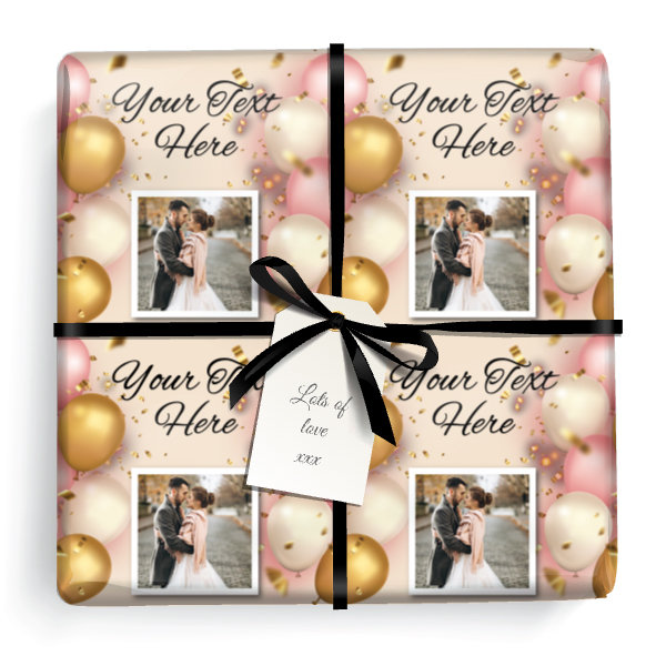 Personalised Party Wrapping Paper - Pink Gold Balloons - Upload 1 Photo & Add Text