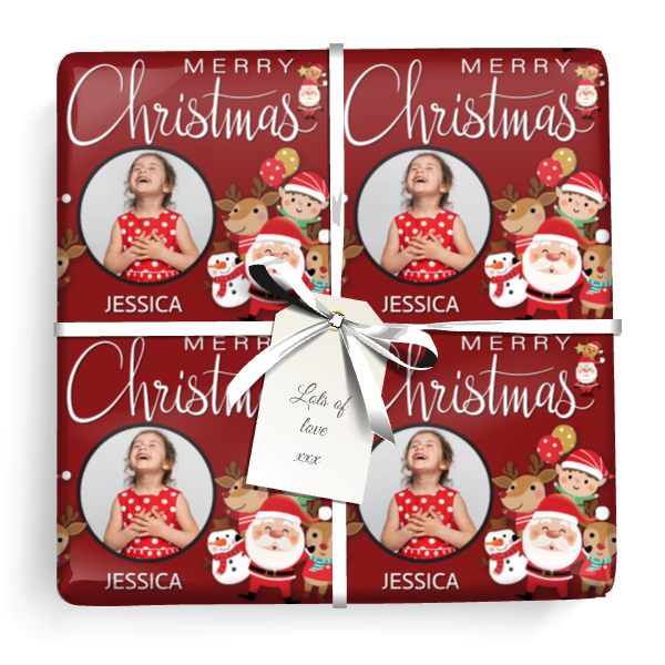 Personalised Christmas Wrapping Paper - Red Santa & Friends - Add Name & 1 Photo