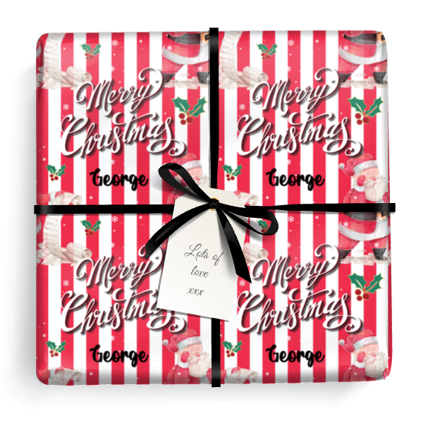 Personalised Christmas Wrapping Paper - Red Stripe Santa - Add Name