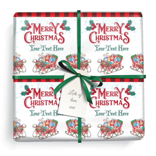 Personalised Christmas Wrapping Paper - Vintage Holly & Sleigh - Add Text