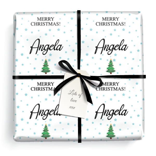 Personalised Christmas Wrapping Paper - Blue Stars - Add Name
