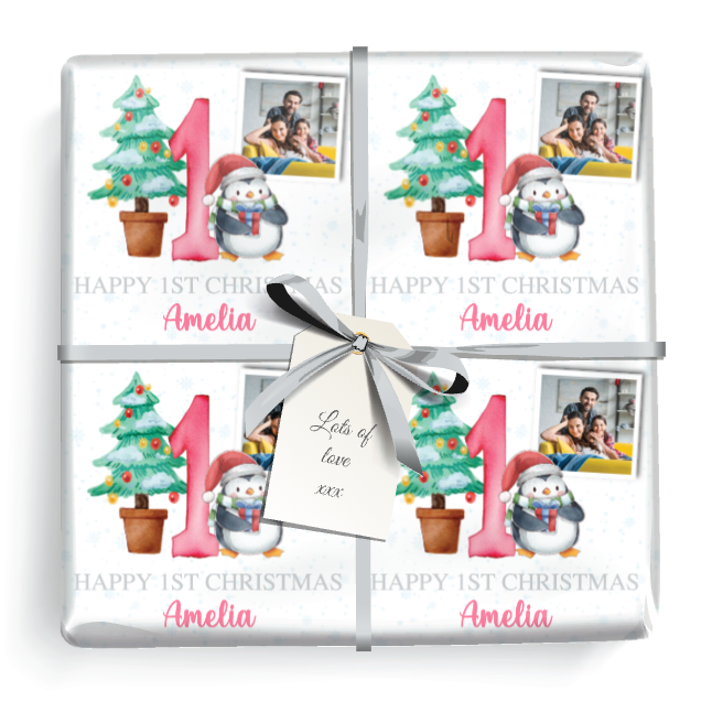 Personalised 1st Christmas Wrapping Paper - Penguin & Tree - Add Name & Photo