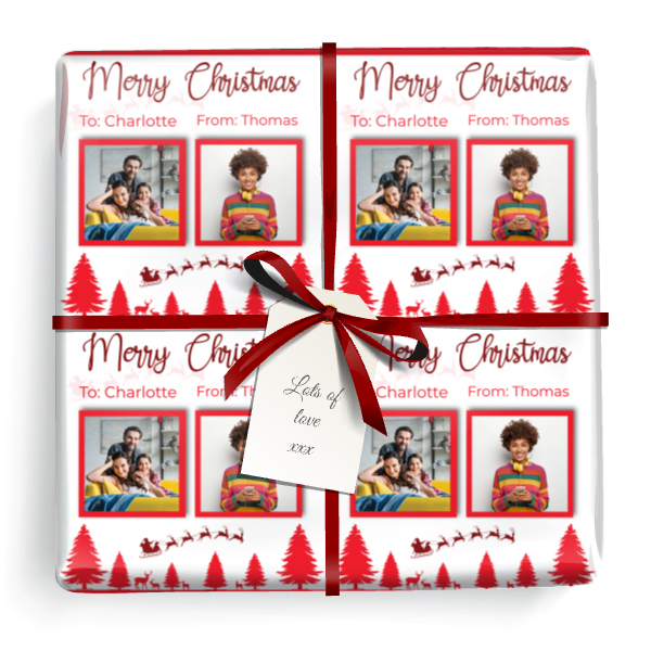 Personalised Christmas Wrapping Paper - Red Santa Reindeer - Add Name & 2 Photos