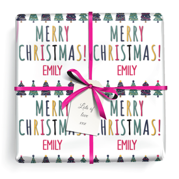 Personalised Christmas Wrapping Paper - Pink Blue Green Trees - Add Name