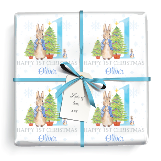 Personalised 1st Christmas Wrapping Paper - Blue Rabbit - Add Name