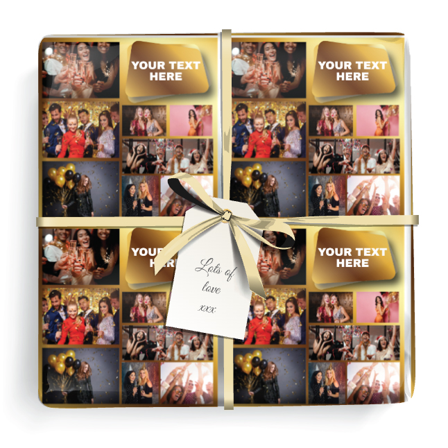 Personalised Birthday Wrapping Paper -  Gold Photo Collage - 9 Photos & Text