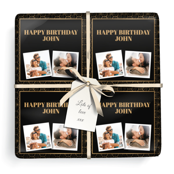 Personalised Birthday Wrapping Paper - Black & Gold Art Deco -  Add Text & 2 Photos