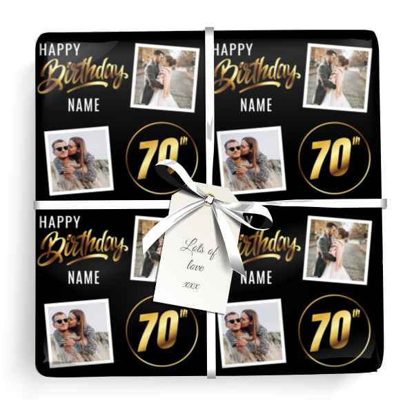 Personalised 70th Birthday Wrapping Paper - Black & Gold - Upload 2 Photos & Name