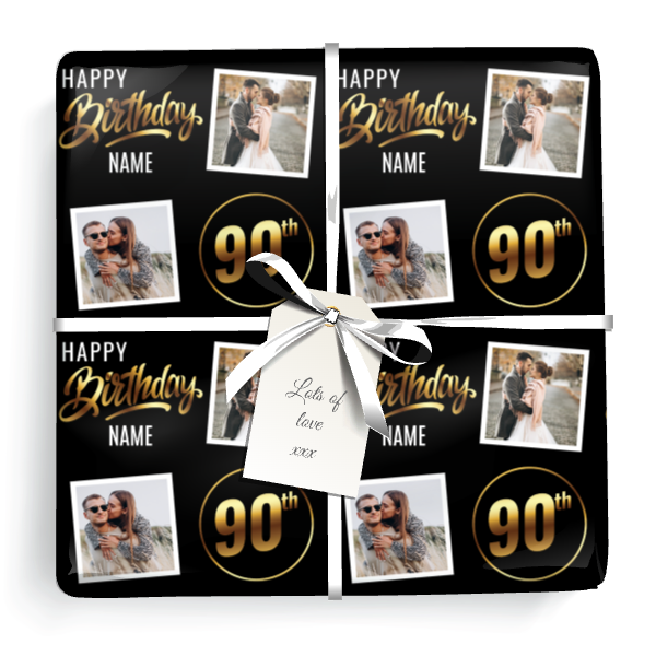 Personalised 90th Birthday Wrapping Paper - Black & Gold - Upload 2 Photos & Name