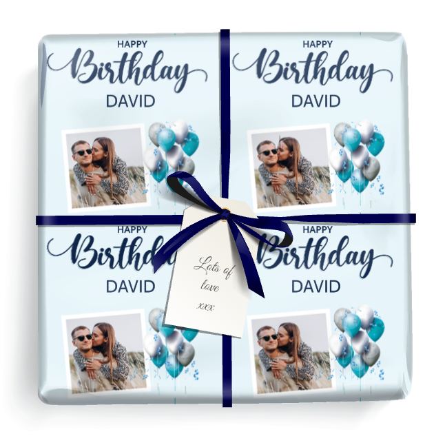 Personalised Birthday Wrapping Paper - Blue Balloons -  Add Text & 1 Photo