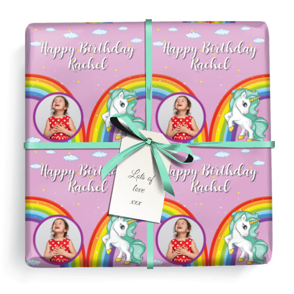 Personalised Birthday Wrapping Paper - Pink Rainbow Unicorn - Add Text & 1 Photo