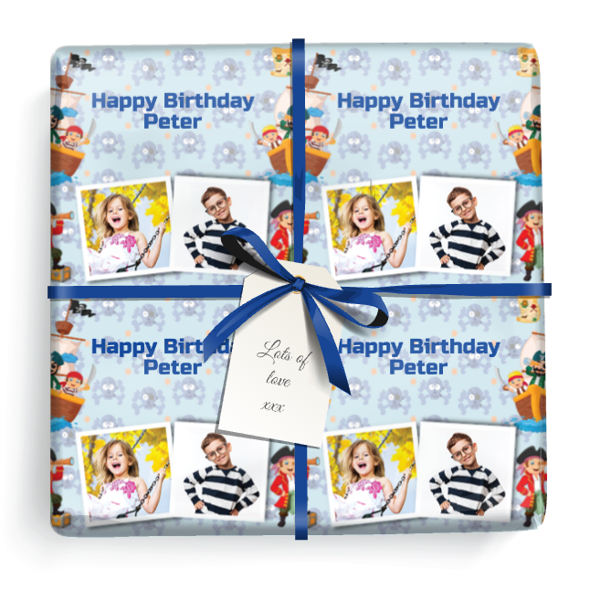 Personalised Birthday Wrapping Paper -  Pirate Design - Add Text & 2 Photo