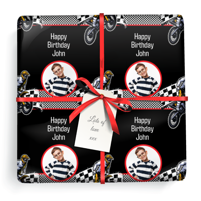 Personalised Birthday Wrapping Paper - Motorbike - Add Text & 1 Photos
