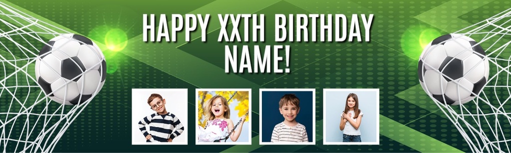 Personalised Football Birthday Banner - Kids Football Goal- Custom Text & 4 Photos