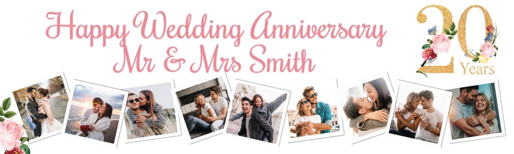 Personalised 20th Wedding Anniversary Banner - Floral Design - 9 Photo Upload