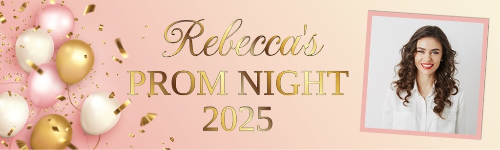 Personalised Prom Banner - Pink & Gold Balloons - 1 Photo Upload
