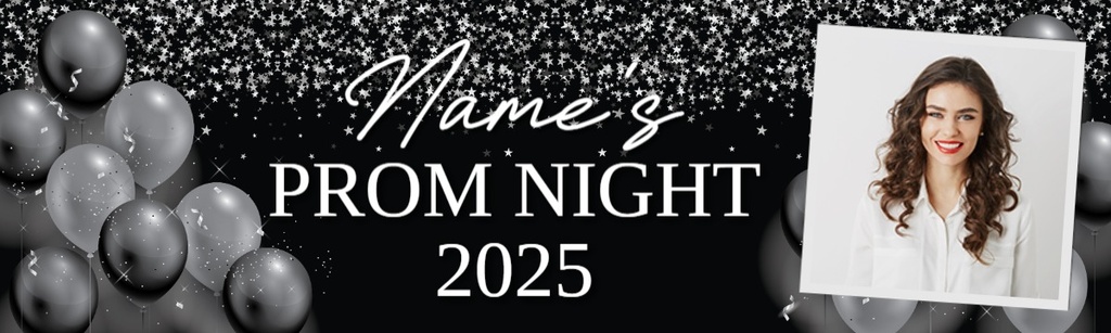 Personalised Prom Banner - Black & Silver Balloons - Custom Text & 1 Photo