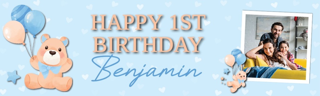 Personalised Happy 1st Birthday Banner - Blue Teddy Balloons - Custom Text & 1 Photo Upload