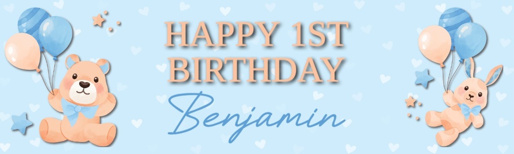 Personalised Happy 1st Birthday Banner - Blue Teddy Balloons - Custom Text