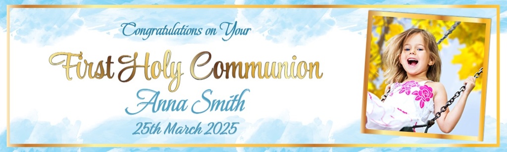 Personalised Holy Communion Banner - Blue & White - Confirmation - 1 Photo