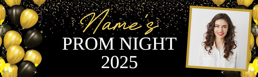 Personalised Prom Banner - Black & Gold Balloons - Custom Text & 1 Photo