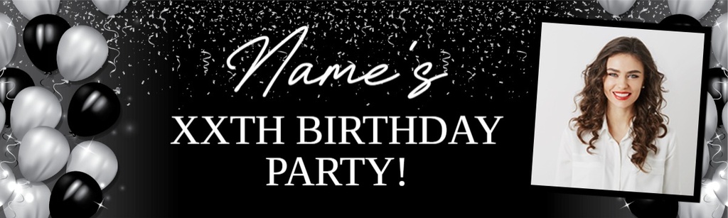 Personalised Party Banner - Black & Silver Balloons - Custom Text & 1 Photo Upload