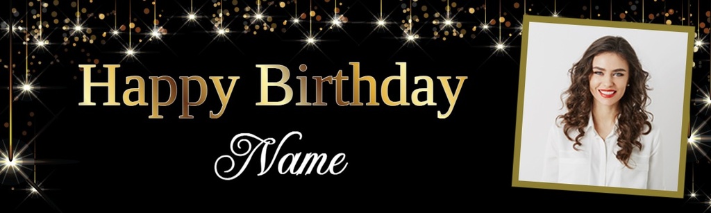 Personalised Party Banner - Black & Gold Starburst - Custom Text & 1 Photo