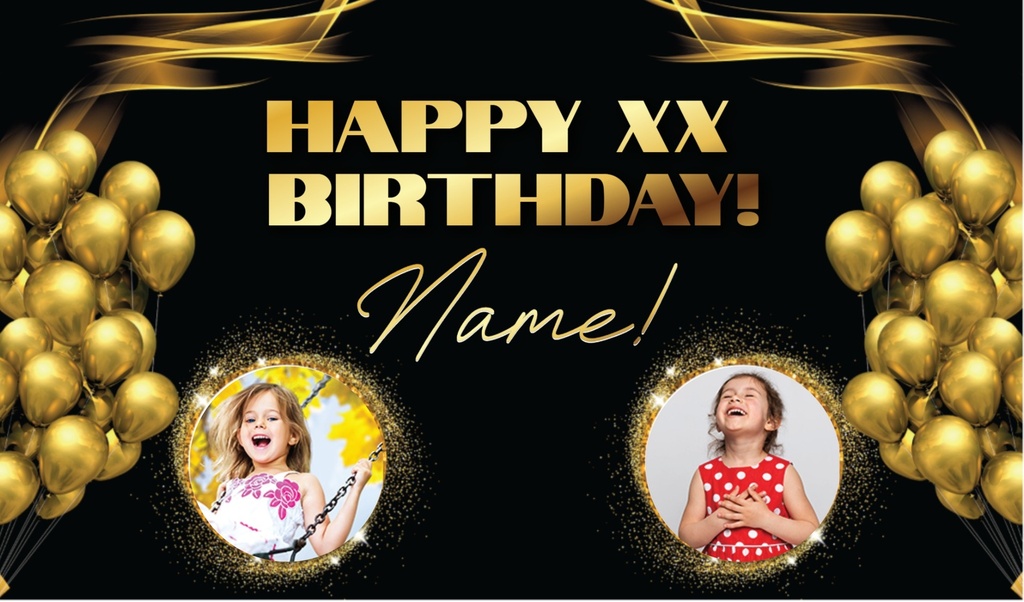 Personalised Teen Party Banner - Gold Balloons - Add Text & 2 Photos