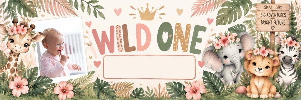 Personalised Wild One 1st Birthday Banner – Pink Floral Safari Animals – 1 Photo
