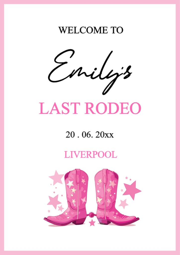Personalised Hen Do Welcome Sign - Pink Last Rodeo Cowboy Welcome Board