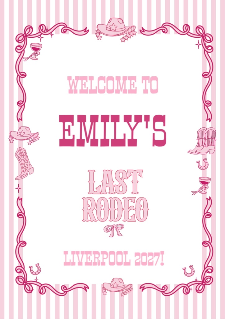 Personalised Hen Do Welcome Sign - Pink Stripe Last Rodeo Cowboy Welcome Board